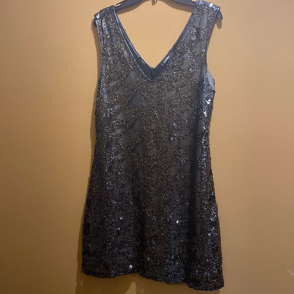 Express women black silver sequin shimmer spandex mini dress NWT sz S